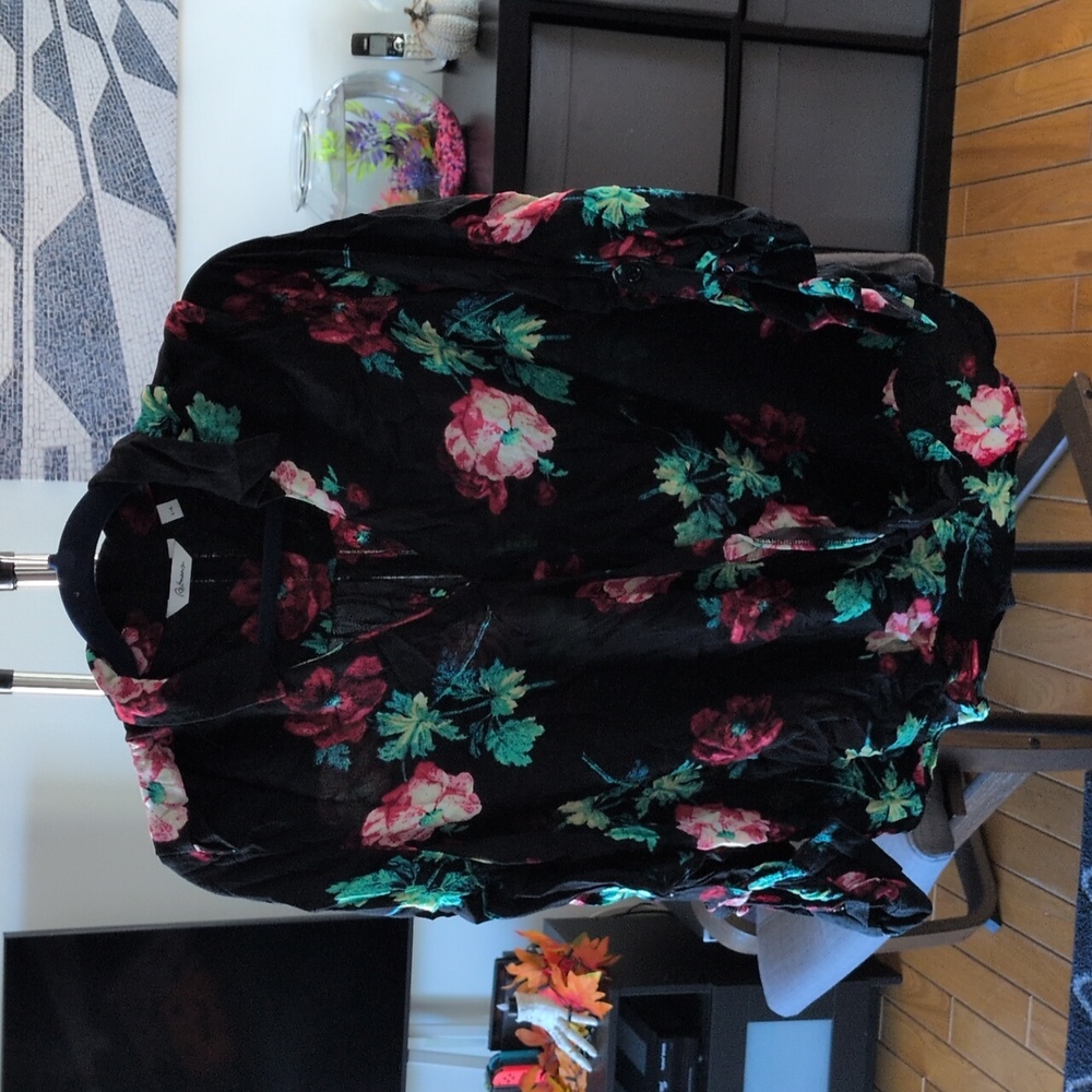 Reitmans Black Blouse with Red and Green Floral Design